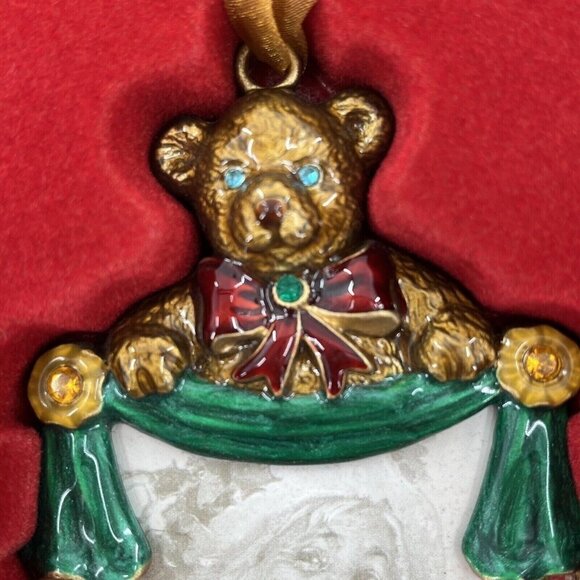Enamel Rhinestones Christmas Ornament Picture Frame Teddy Bear Vintage Look - Picture 5 of 10